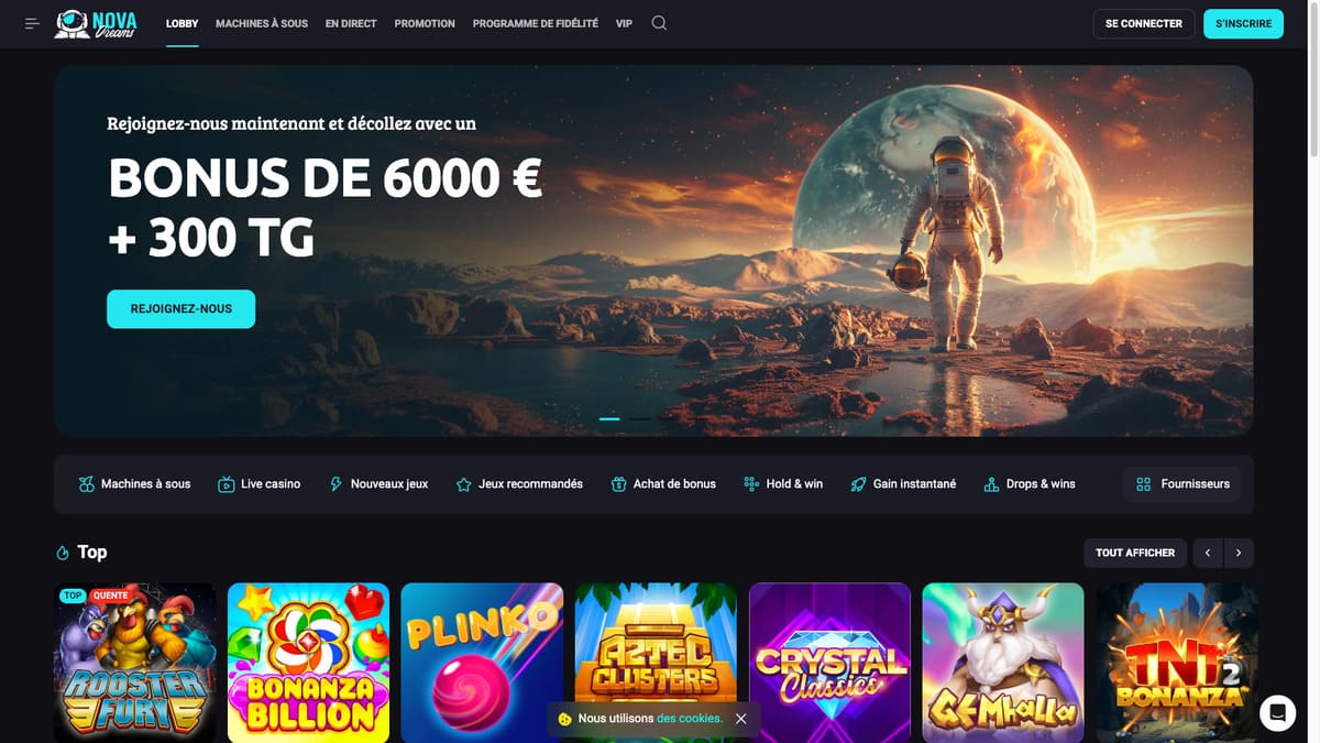 Interface lobby de Nova Dreams Casino avec la sélection de jeux et les catégories disponibles