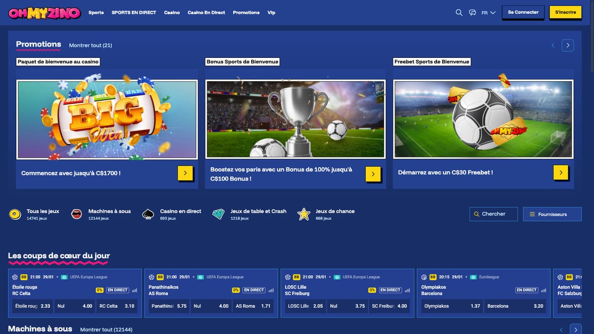 Interface du lobby d'OhMyZino Casino affichant la sélection de machines à sous et de jeux en direct