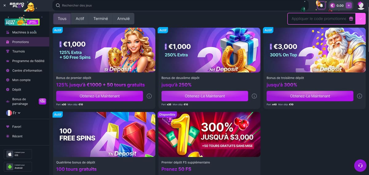 Page promotions de BravoPlay Casino affichant le pack de bienvenue 4 dépôts jusqu'à 5 000 euros