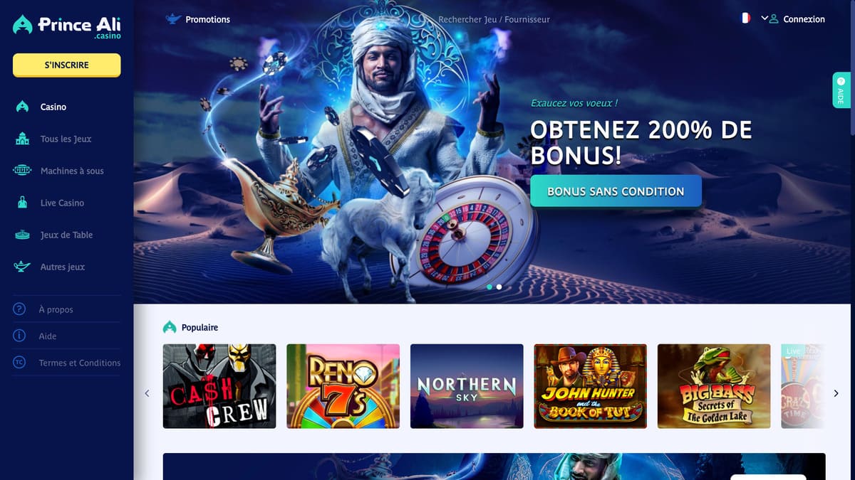Interface lobby de Prince Ali Casino avec le thème mille et une nuits et les catégories de jeux en vedette