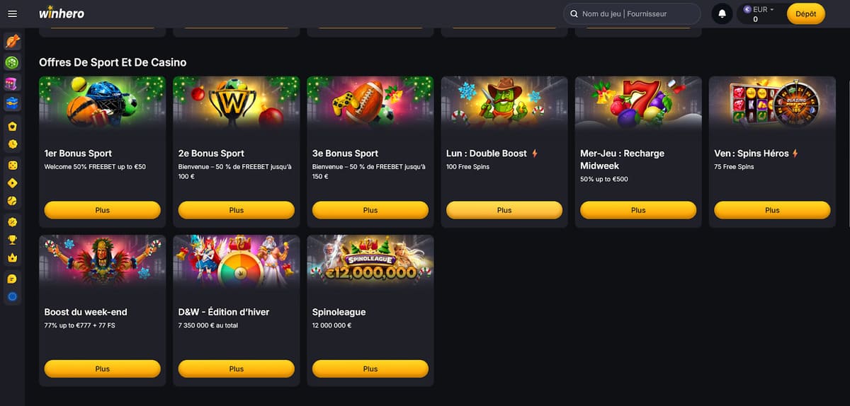 Page des promotions de Winhero Casino avec le calendrier des bonus hebdomadaires et le cashback quotidien
