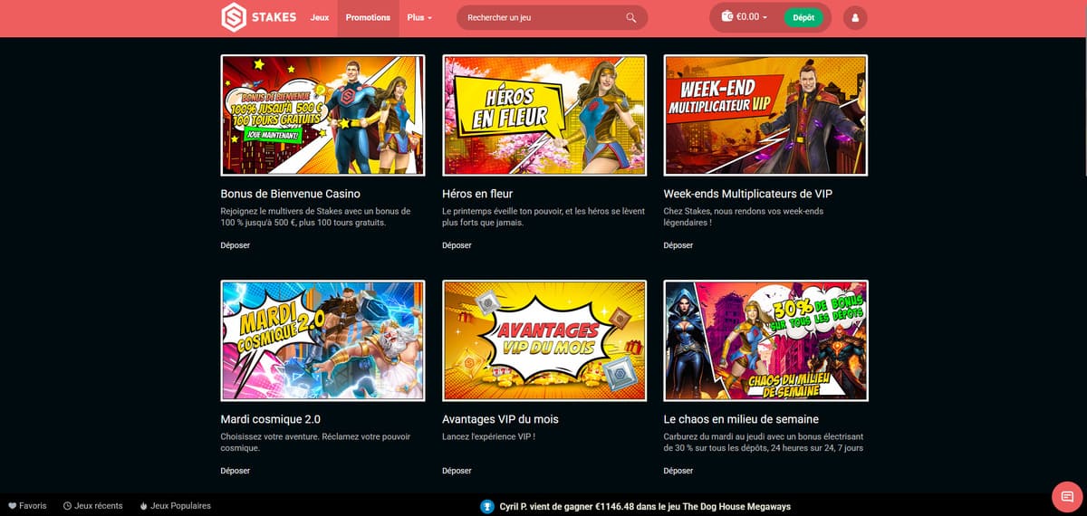 Page des promotions de Stakes Casino affichant les bonus hebdomadaires disponibles pour les joueurs