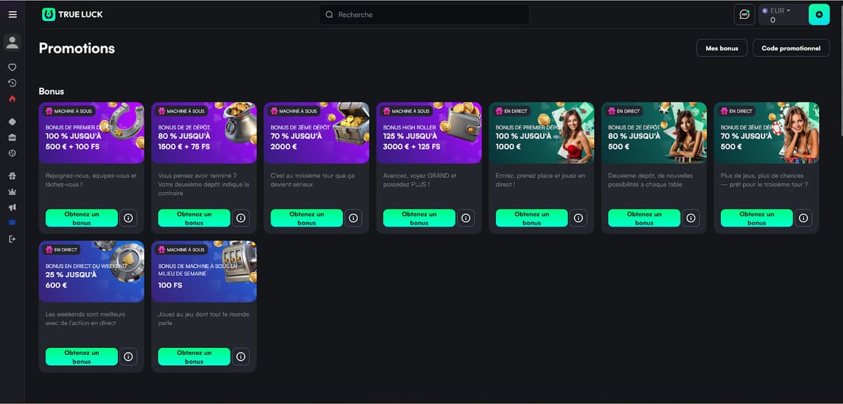 Page promotions de TrueLuck Casino avec le pack de bienvenue jusqu'à 4 000 euros et 175 free spins