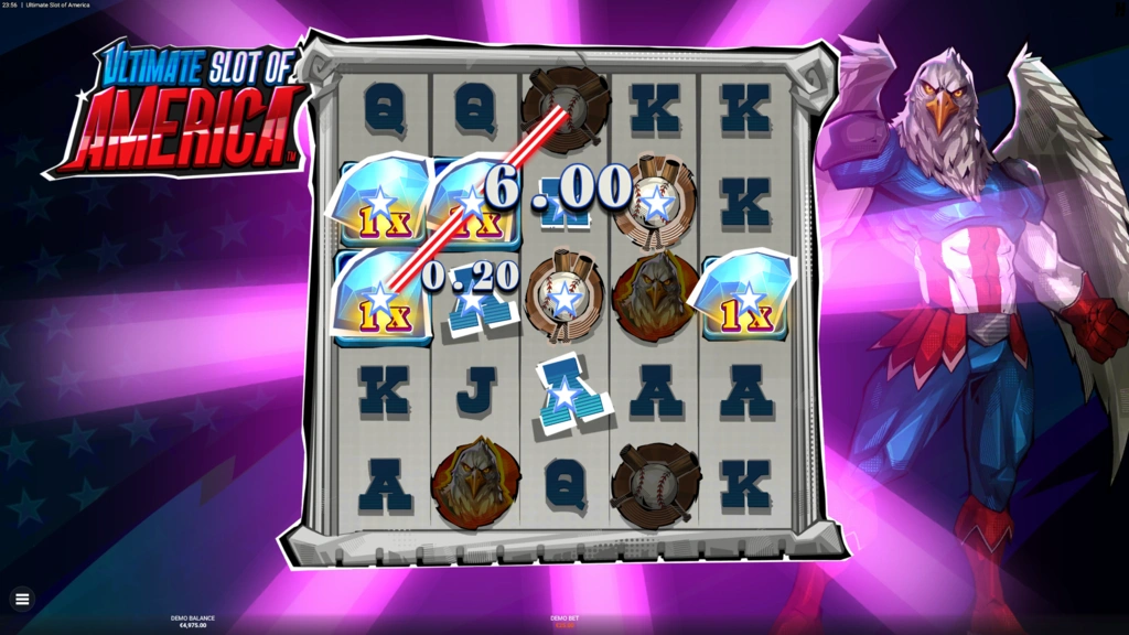 Liberty Gems collants sur Ultimate Slot of America pendant des Freedom Respins avec multiplicateurs empilés visibles