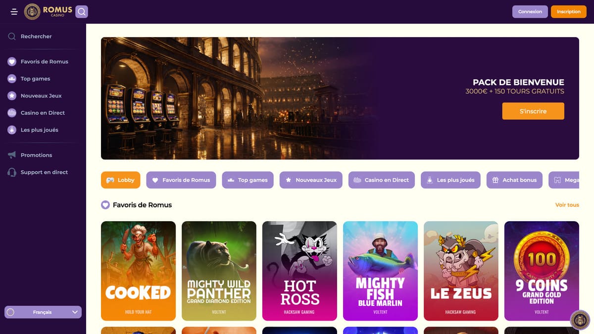 Interface du lobby de Romus casino avec les catégories de jeux et promotions actives