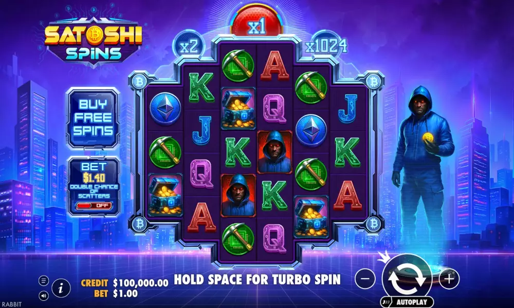 Grille 3-4-5-5-4-3 de Satoshi Spins avec les Tumble Multipliers et symboles néon crypto en plein spin
