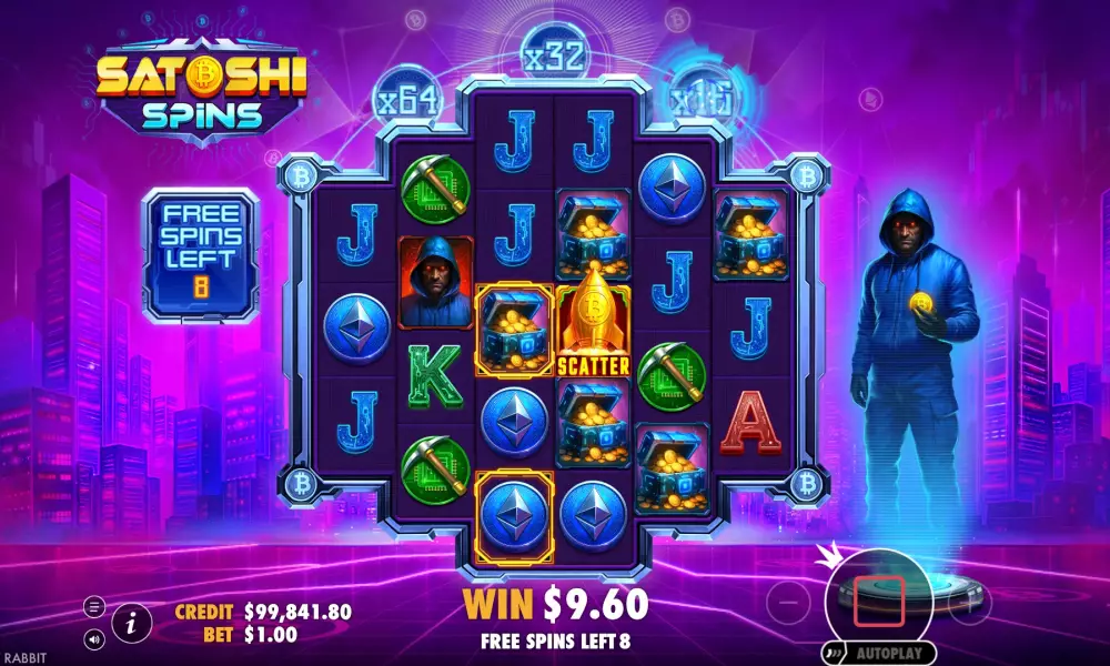 Écran de Free Spins de Satoshi Spins avec compteur de tours et multiplicateur de départ visible en mode bonus