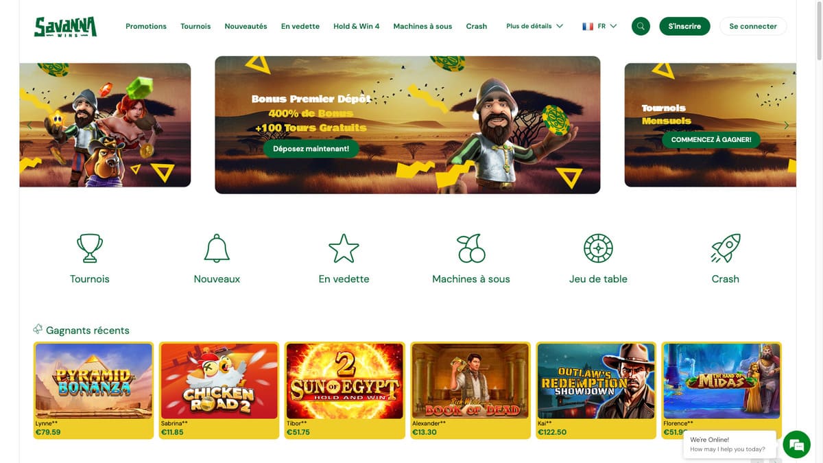 Lobby principal de Savanna Wins Casino, interface minimaliste sur fond blanc avec navigation par catégories de jeux