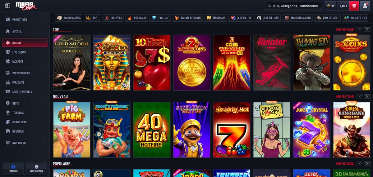 Section machines à sous de Mafia Casino affichant les titres populaires par catégorie de jeu