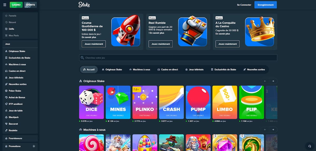 Sélection de machines à sous sur Stake Casino avec filtres par fournisseur et popularité