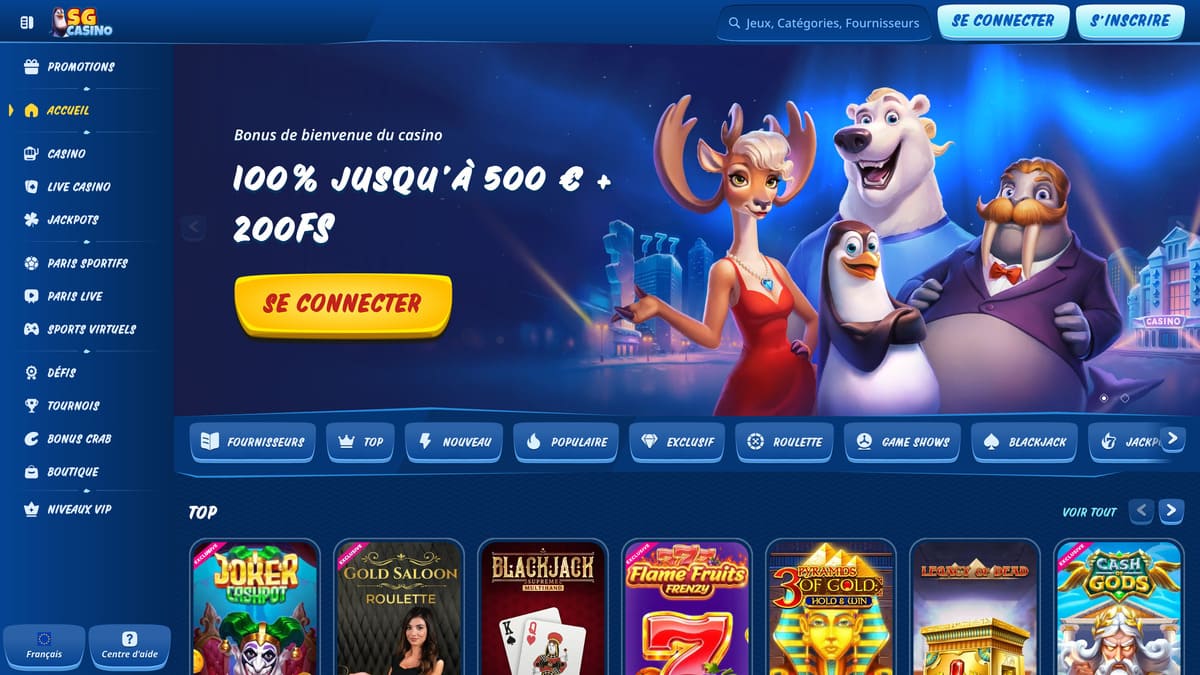 Lobby de SG Casino avec la sélection de jeux en vedette et l'interface de navigation principale