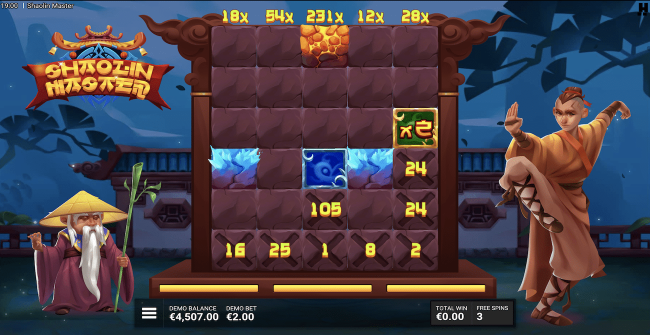 Écran bonus The Master de Shaolin Master avec Stone Blocks Crusher Blocks et multiplicateurs de rouleaux actifs