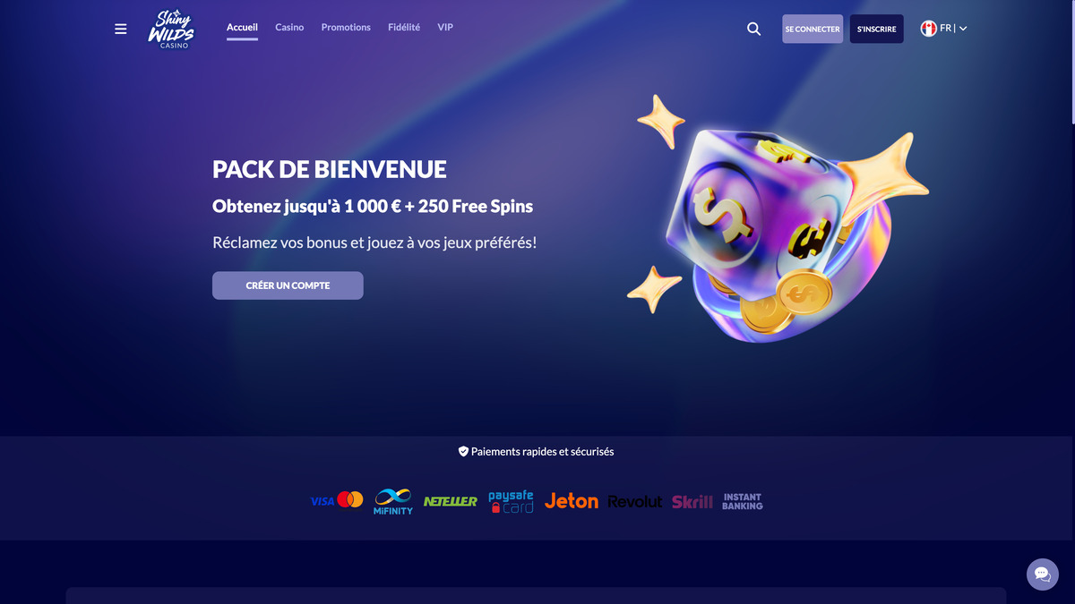 Interface lobby de Shiny Wilds Casino avec la sélection de jeux Pragmatic Play et Hacksaw Gaming en page d'accueil