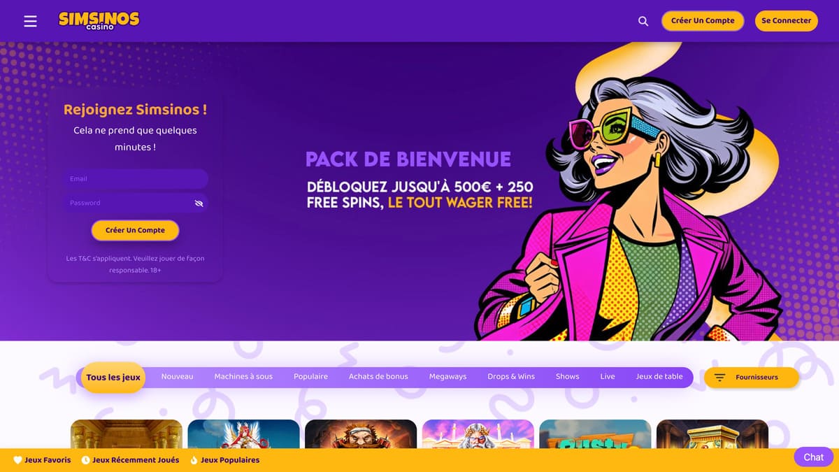 Interface principale du lobby Simsinos Casino avec sa mise en page pop art et sa ludothèque de 5 000 jeux