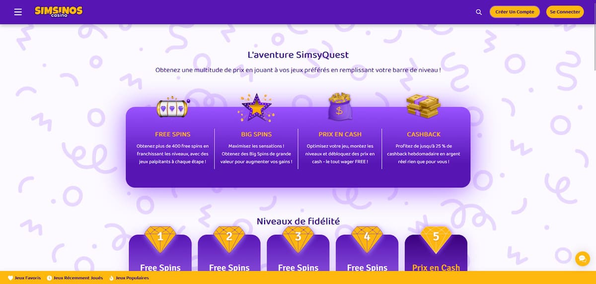 Programme VIP SimsyQuest de Simsinos avec ses 25 niveaux de progression et le cashback jusqu'à 25 pourcent