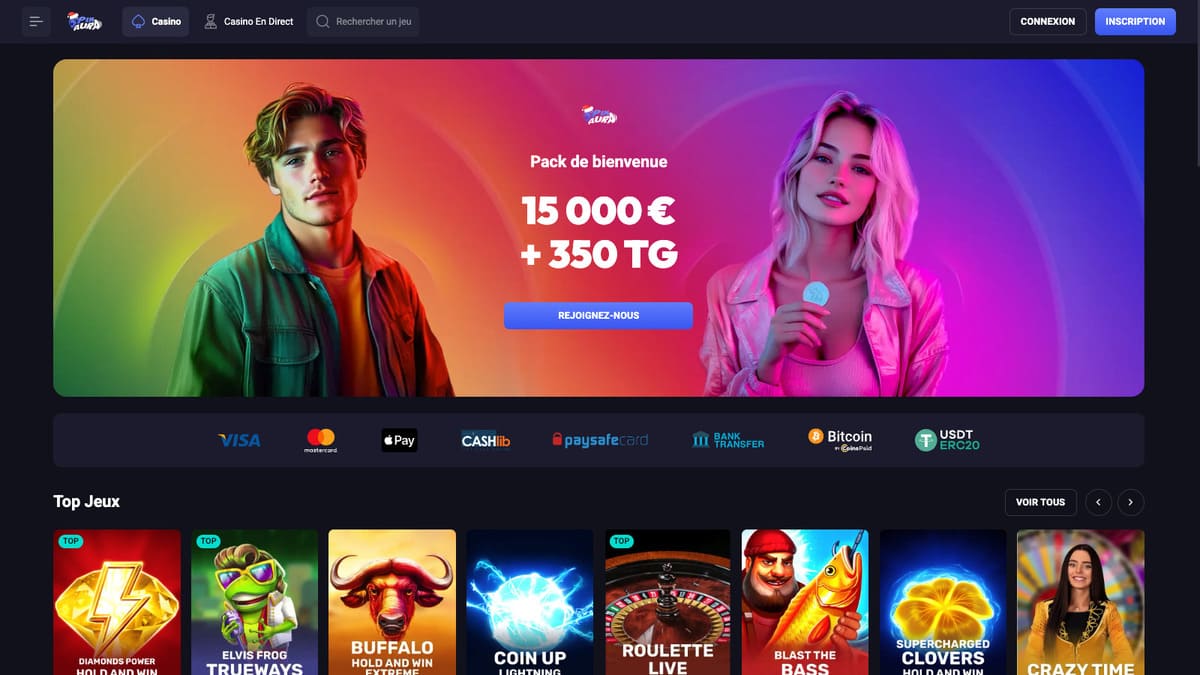 Lobby principal de Spin Aura Casino avec milliers de slots et mini-jeux affichés à l'écran