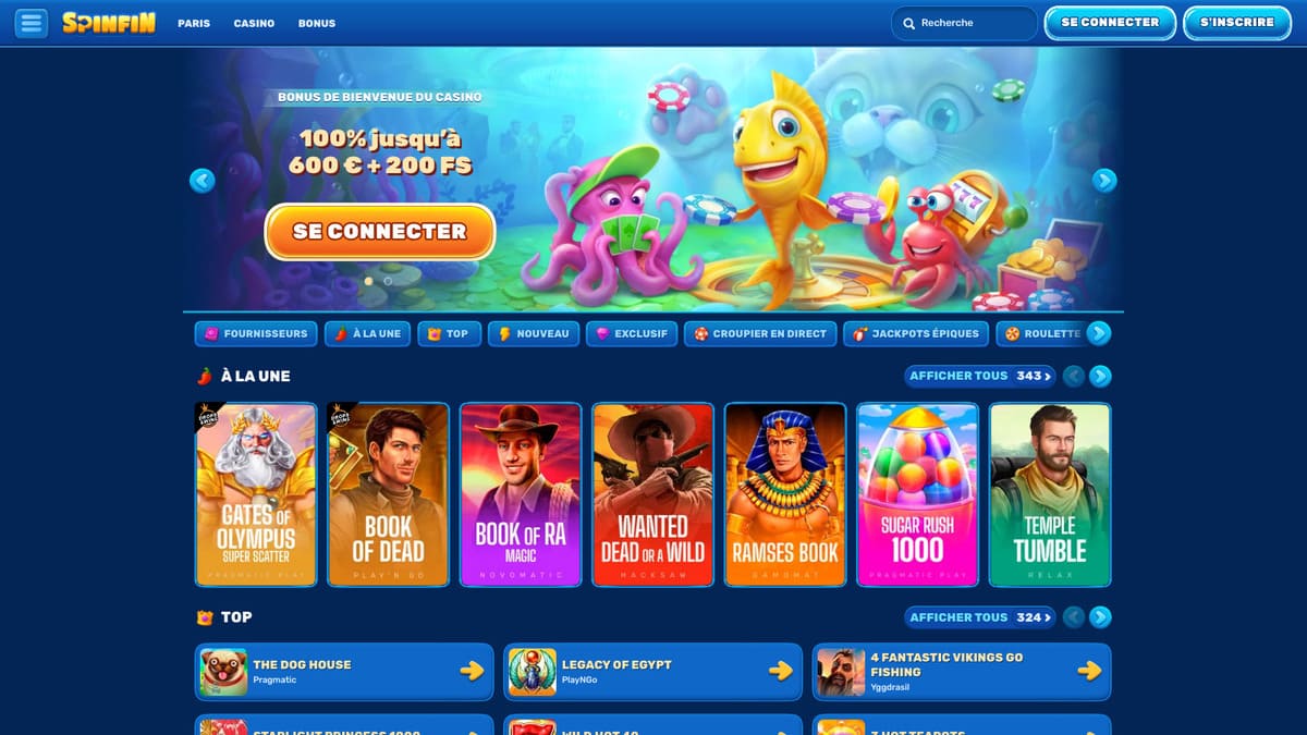 Interface du lobby SpinFin Casino affichant les sections casino, live et sport avec le moteur de recherche de jeux