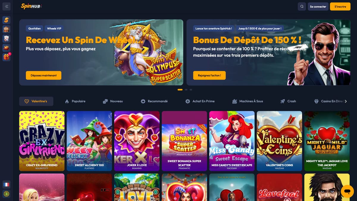 Interface du lobby de Spinhub Casino avec la grille de jeux et les filtres par catégorie visibles