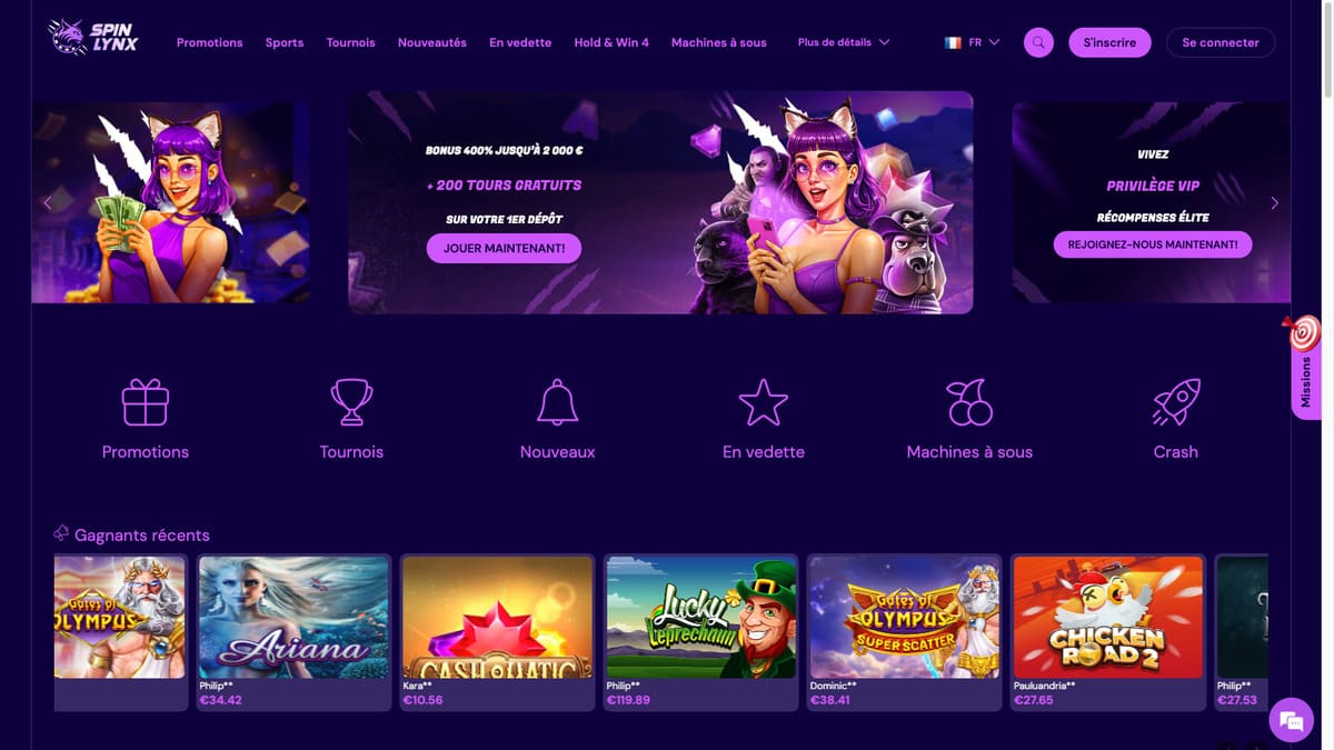 Interface lobby de SpinLynx Casino avec la grille de jeux et les filtres par catégorie
