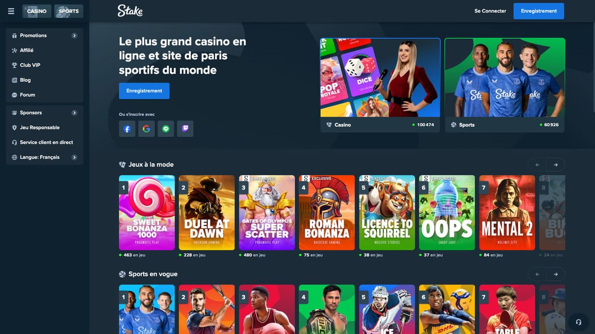 Interface du lobby Stake Casino avec navigation entre casino, paris sportifs et jeux Originals