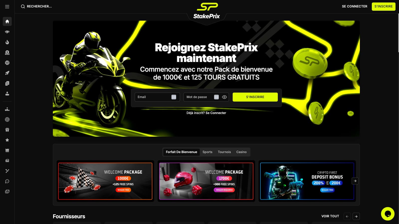 Interface lobby du casino StakePrix avec la grille des jeux en vue principale et le menu de navigation par catégories