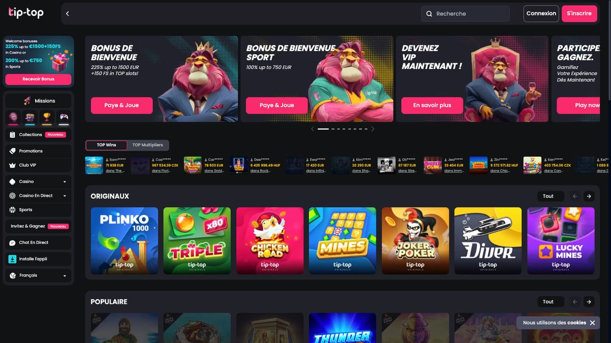 Interface principale du lobby de Tip Top Casino sur desktop affichant la ludothèque complète des jeux disponibles