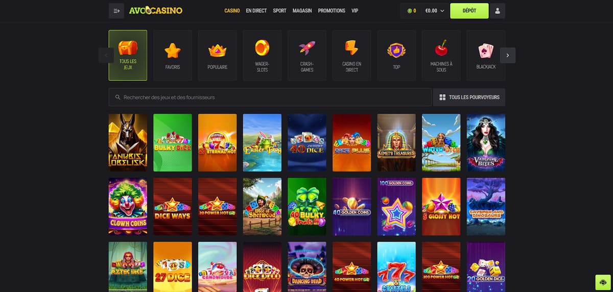 Lobby de la ludothèque Avocasino avec les catégories slots, live casino et crash games visibles