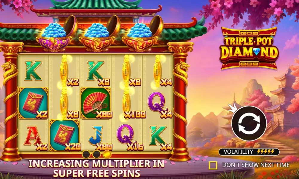 Écran de sélection des options de mise de Triple Pot Diamond avec Ante Bet, Super Spin et Buy Feature visibles