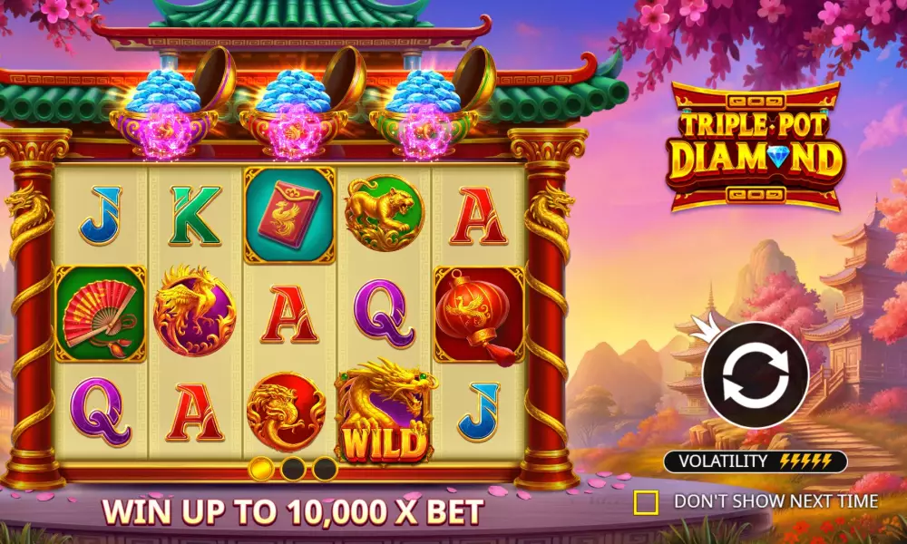 Triple Pots Free Spins de Triple Pot Diamond avec les 3 pots Phoenix, Dragon et Tigre activés et multiplicateurs affichés