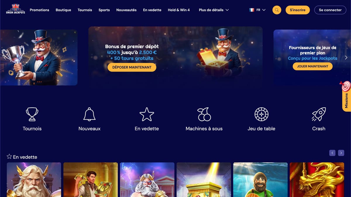 Interface du lobby d'UnionJackpots casino avec la sélection de jeux en vedette et la barre de navigation principale