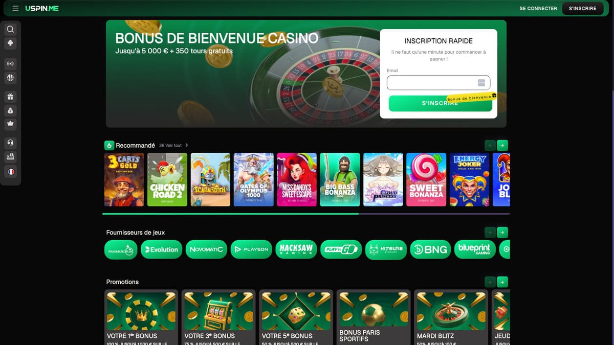 Lobby principal de USpin Casino avec les 6 000 jeux disponibles et la barre de navigation principale