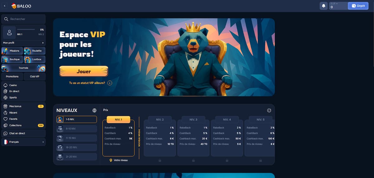 Programme VIP de Baloo Casino avec les 25 paliers de fidélité et le cashback instantané jusqu'à 20 pourcent