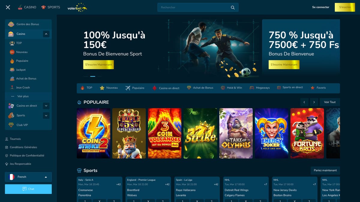 Lobby du casino Volerbet affichant les catégories de jeux en page d'accueil avec la section machines à sous mise en avant