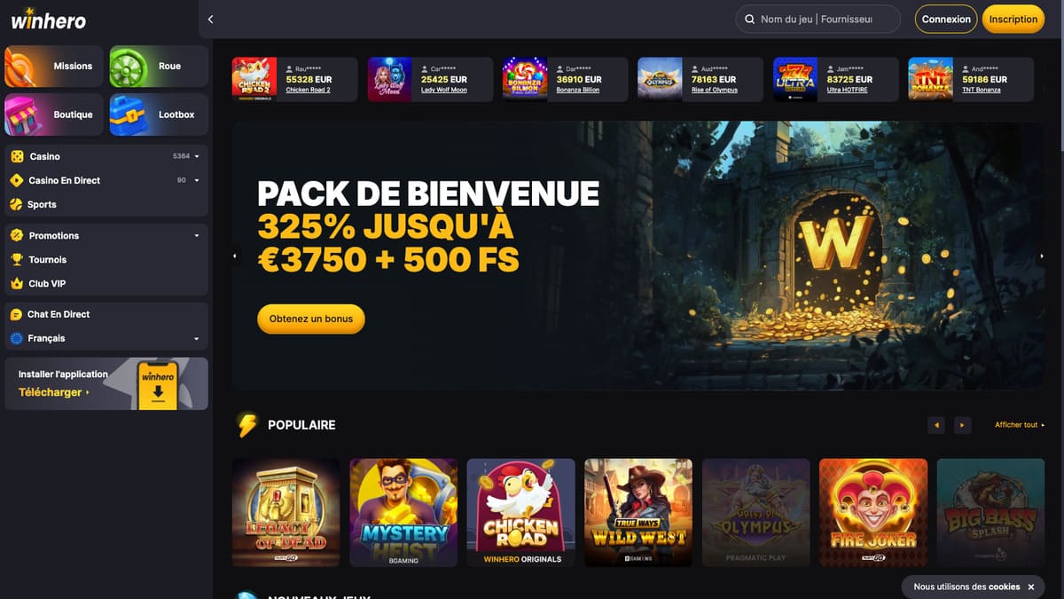 Interface du lobby de Winhero Casino avec la sélection de jeux et les filtres par catégorie