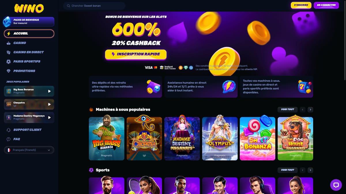 Interface principale de Wino Casino montrant la navigation entre slots, live casino et mini-jeux instantanés