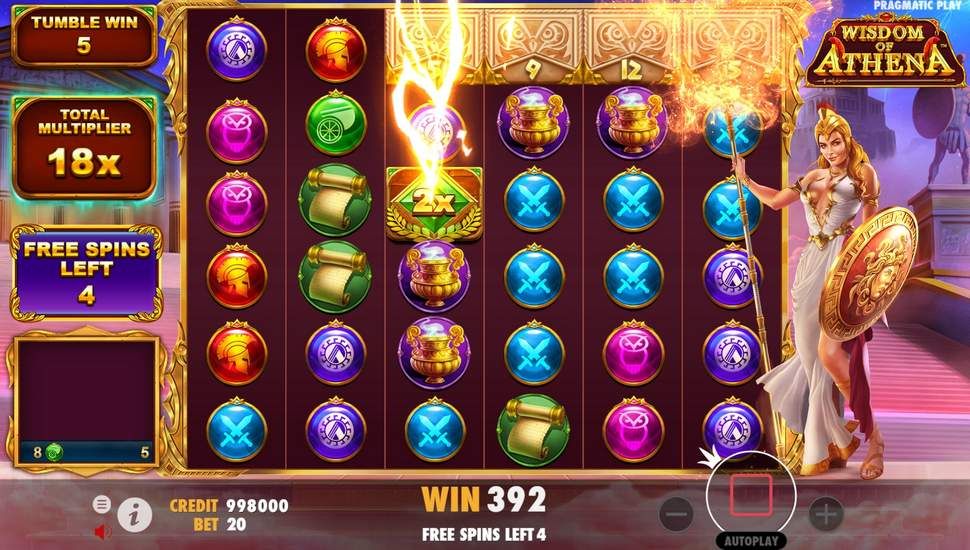 Écran Free Spins de Wisdom Of Athena avec compteur de tours et multiplicateurs actifs sur la grille