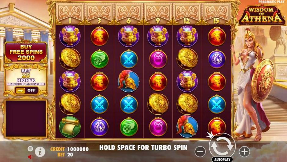 Grille 6x5 de Wisdom Of Athena en action avec symboles grecs et gemmes multiplicatrices visibles