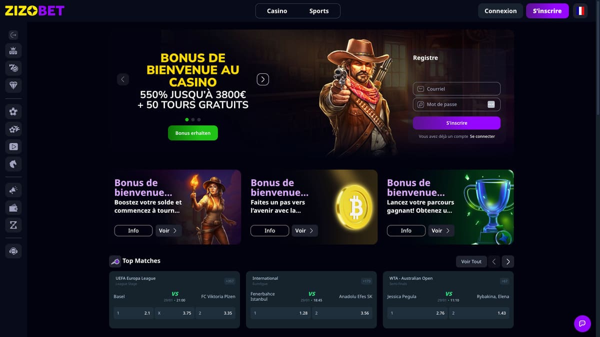 Interface principale de Zizobet Casino affichant le lobby casino en version desktop avec les catégories de jeux