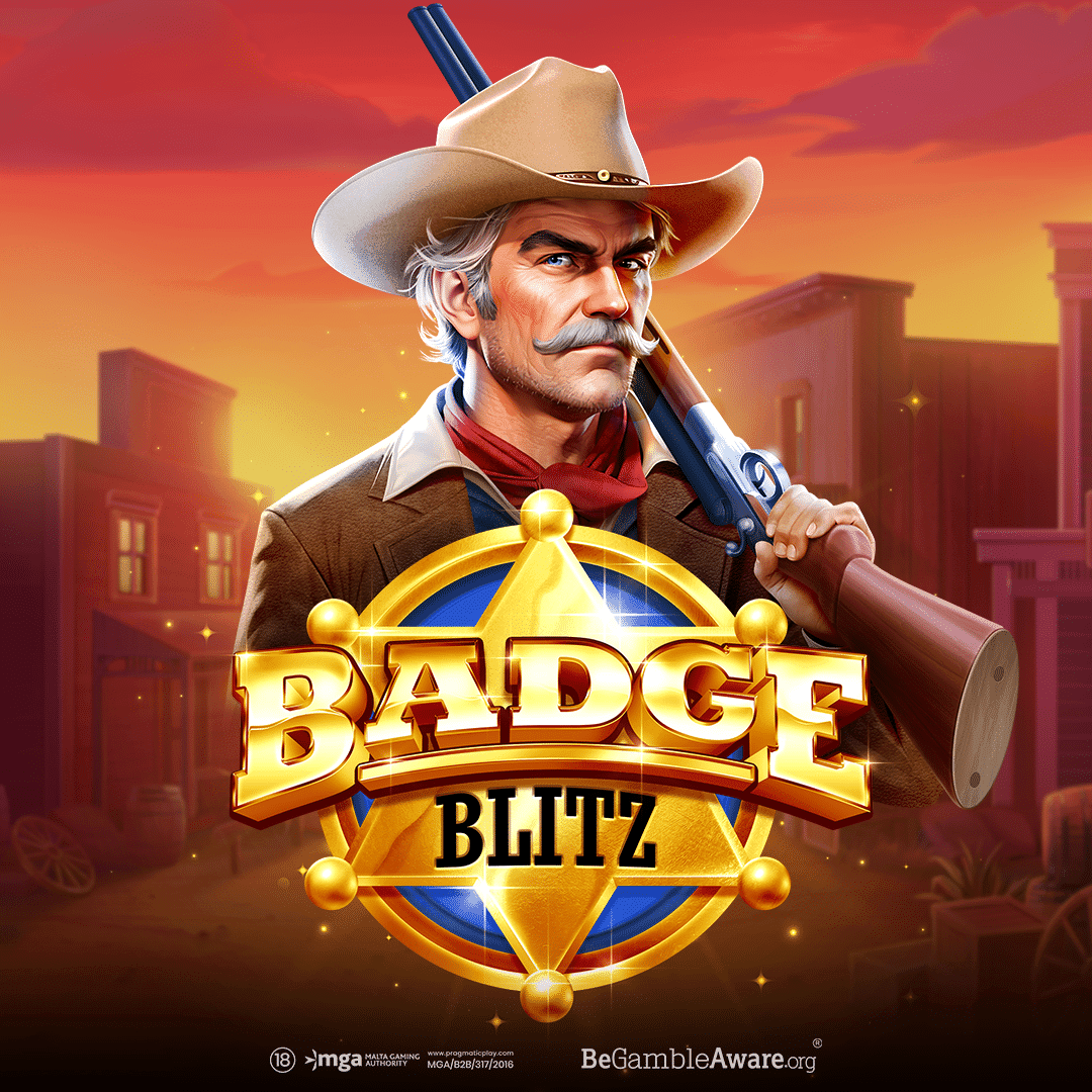 Illustration officielle de Badge Blitz, slot Pragmatic Play Far West avec shérifs et chasseurs de primes sur fond de ville western