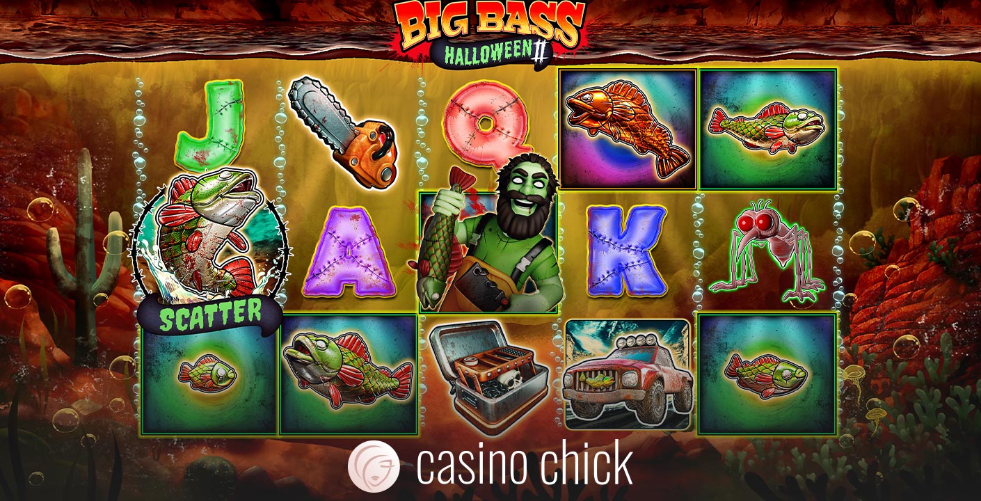 Grille 5x3 de Big Bass Halloween 2 avec Money Symbols poissons mutants sur les rouleaux en plein spin