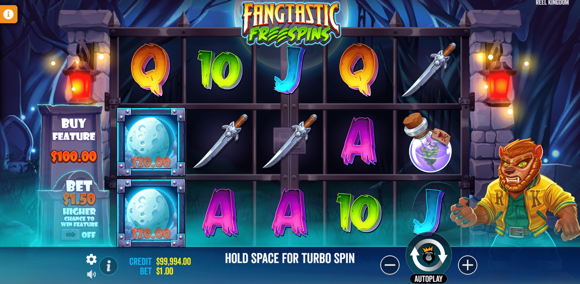 Grille 5x3 de Fangtastic Freespins en base game avec Money Symbols et symboles Wild visibles