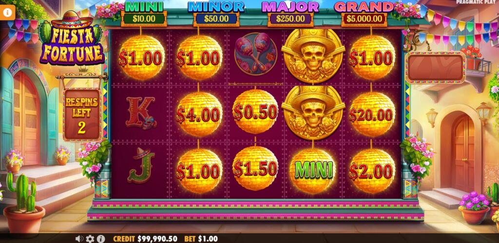 Écran Money Respin Feature de Fiesta Fortune avec les 8 emplacements de respin et symboles Skull Money actifs