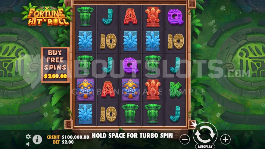 Grille 5x5 de Fortune Hit 'N' Roll en base game avec un Forged Wild en cours de déplacement sur le rouleau central