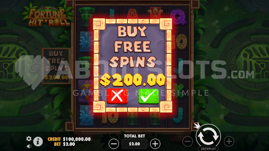 Menu Bonus Buy de Fortune Hit 'N' Roll affichant l'option d'achat direct des 9 Free Spins à 100x la mise