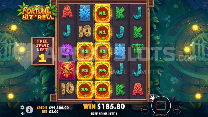 Écran Free Spins de Fortune Hit 'N' Roll avec wilds sticky et multiplicateurs cumulés visibles sur plusieurs colonnes