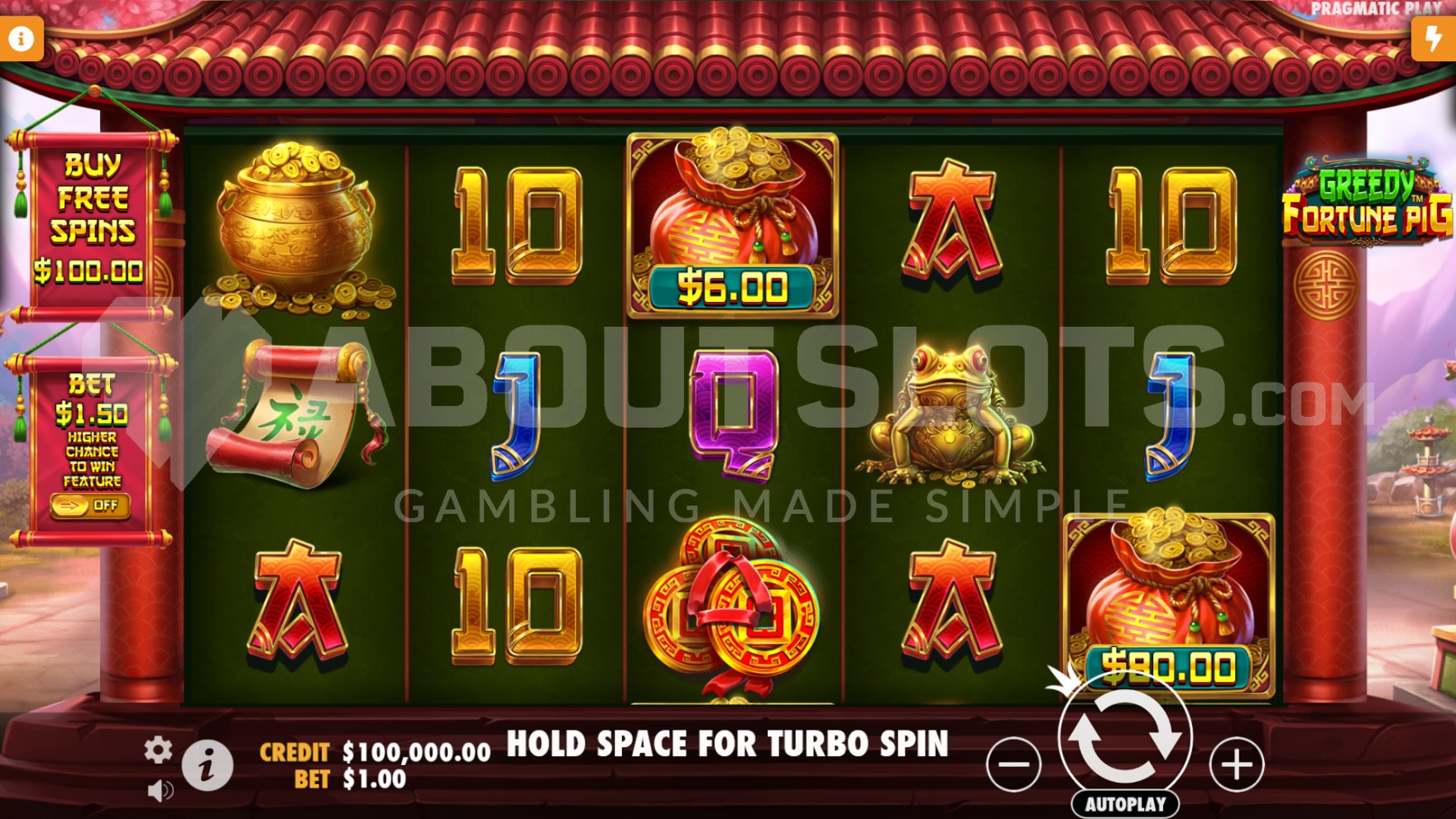 Grille 5x3 de Greedy Fortune Pig en jeu de base avec symboles Money visibles sur plusieurs rouleaux