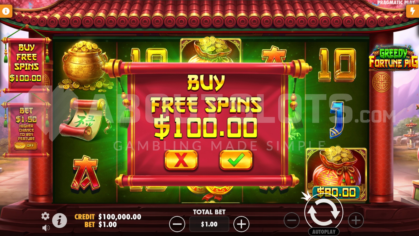 Menu Feature Buy de Greedy Fortune Pig affichant les options d'achat direct de bonus à 100x la mise