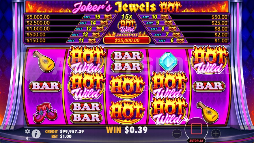 Écran du Firestrike Bonus sur Joker's Jewels Hot avec plusieurs symboles Hot accumulés sur la grille