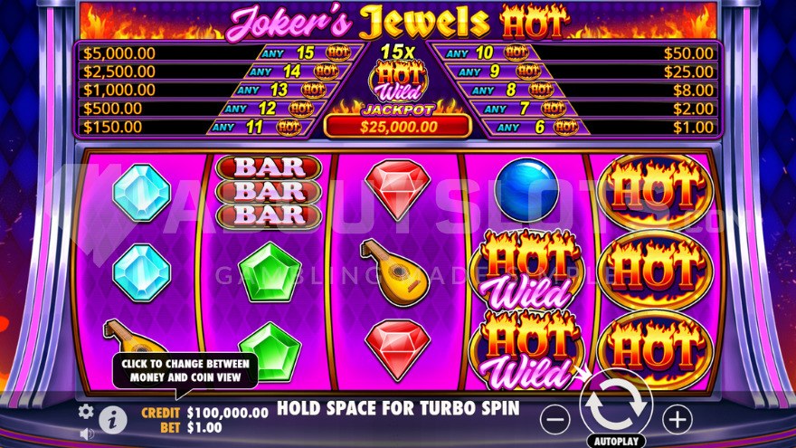 Grille 5x3 de Joker's Jewels Hot avec les symboles Hot Wild et les bijoux sur les rouleaux
