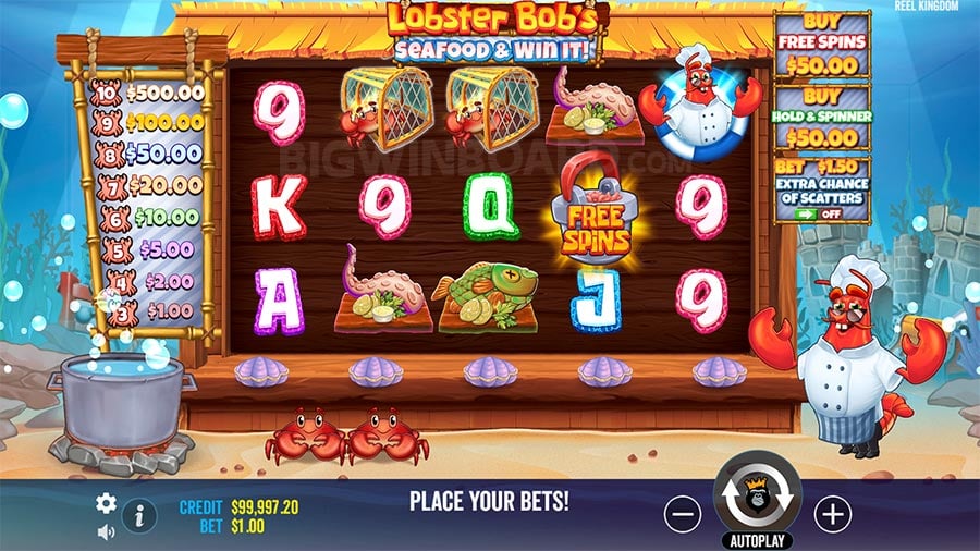 Grille de Lobster Bob's Sea Food and Win It en jeu de base avec les symboles crabe, Wild doré et ancre scatter sur les 5 rouleaux